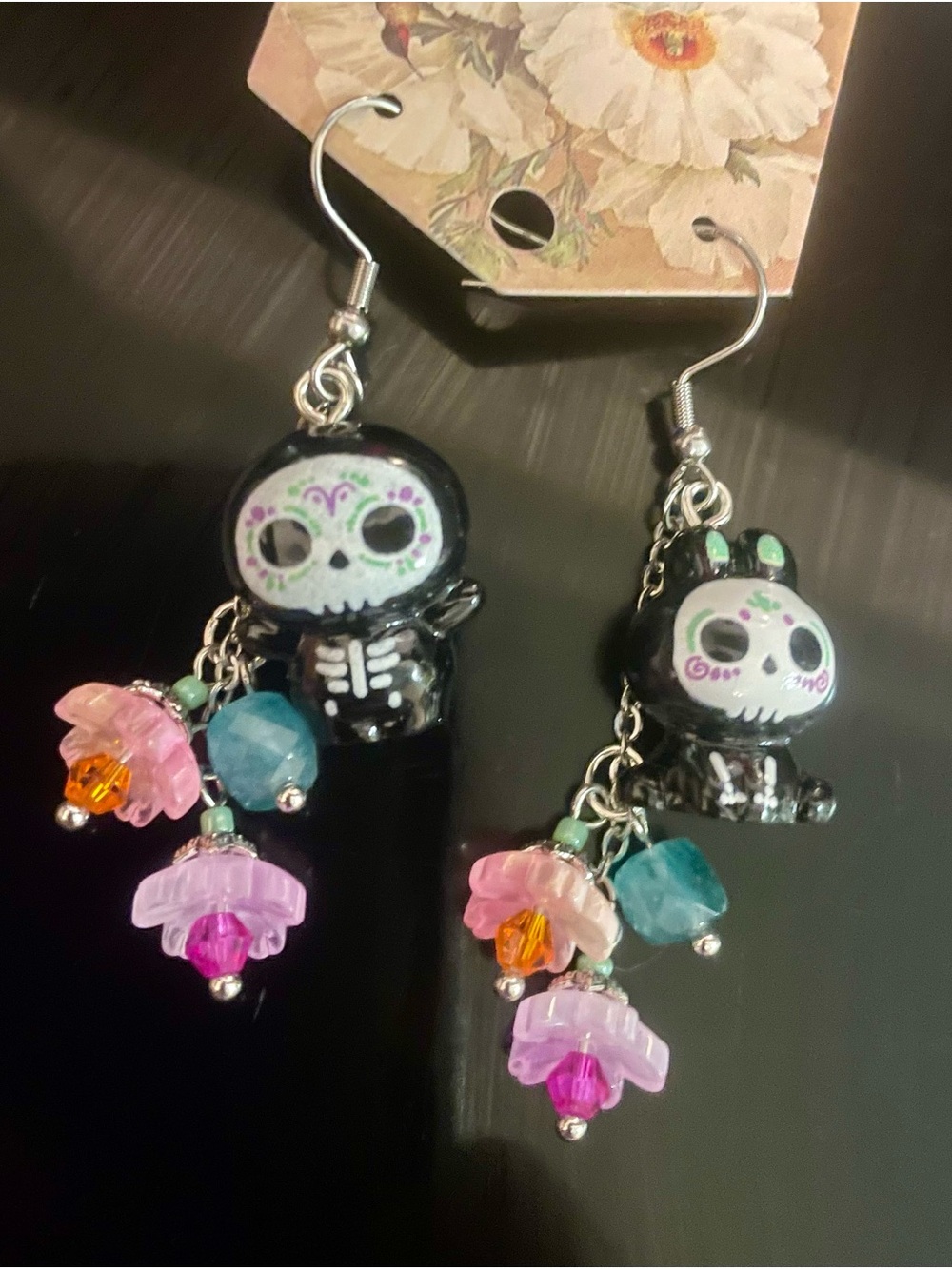 Day of the Dead Skeleton Dangle Earrings - Black with Pink & Teal Accents